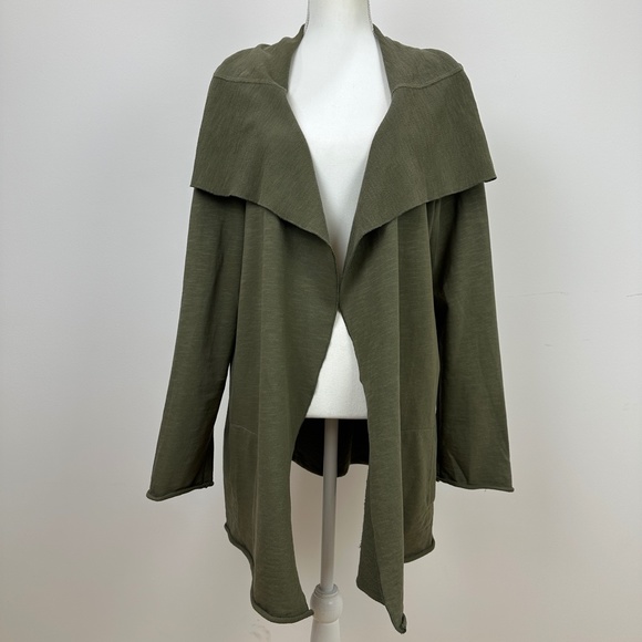 J. Jill Large Knit Blazer Open Waterfall Front Long Sleeve Khaki Pockets Womens - Picture 2 of 10